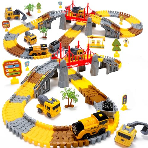 EagleStone Construction Track Set for Kids,206 PCS Flexible Race Tracks with 1 Electric Train,Excavator,Dump Truck, Cement Mixer, DIY Railway Toy Playset for Boys & Girls Ages 3-8 Gifts