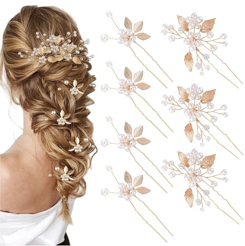 Yeomju 7 pièces Épingles à cheveux de mariée Feuilles dorées Perles de cristal Accessoires vintage pour cheveux Bijoux de mariage Strass pour mariées Demoiselles d'honneur Filles de fleurs (2