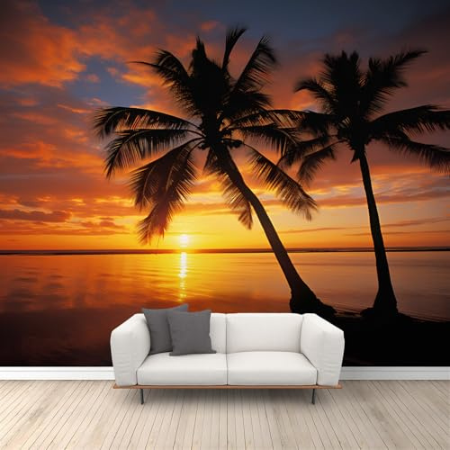 Sunset Beach Mural Wallpaper Tropical Sunset Mural Ocean Beach Coconut Tree Wall Murals Ocean Landscape Wallpaper for Living Room Bedroom Office 365 x 254 cm
