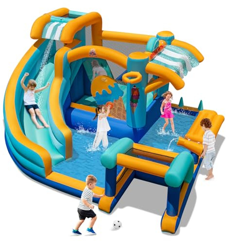 COSTWAY Inflatable Water Park, Kids Bouncy Castle Jumper House with Slide, Water Cannon, Climbing Wall, Football Goal, Basketball Hoop, Toy Market Stand, 378 x 366 x 203cm (without blower)