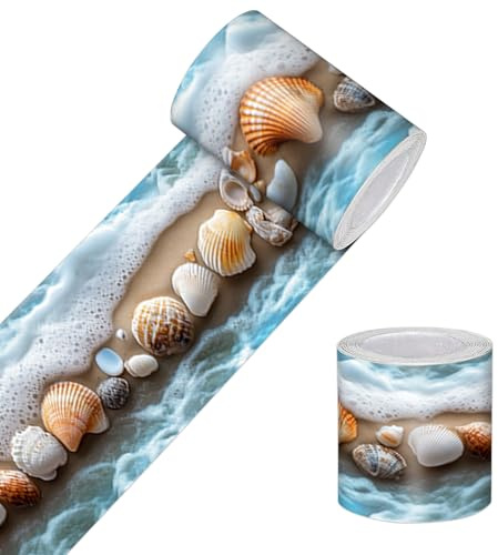 HOMETITUTE Wallpaper Border Peel and Stick Decorative Wall Trim Self Adhesive Coastal Beach Shell Accent Strip for Bathroom Mirror Frame Living Room Bedroom Hallway 4x196 Inch Nautical Ocean Style