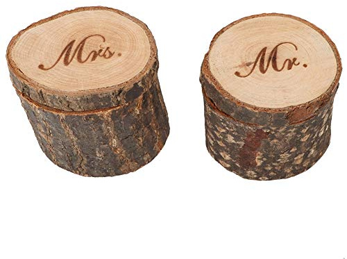 Ejoyous 2pcs Hölzerne Ringbox Vintage Block Ringhalter Retro Ringbehälter für Hochzeitsbindung Party mit Einzigartigen Filialen Design (MR&MRS)