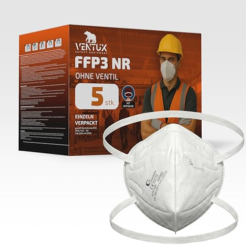 VENTUX FFP3 NR Atemschutzmaske ohne Ventil – Zertifiziert nach EN 149:2001+A1:2009 – Hohe Filtration – Einzeln verpackt – Mit Kopfband