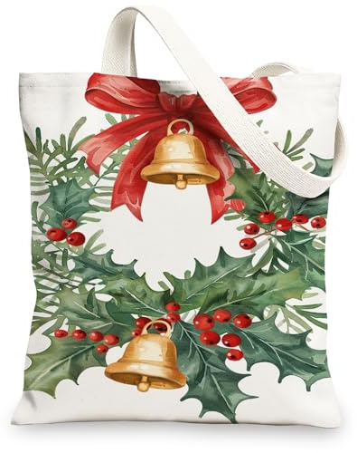 Bolsas de lona para festividades, diseño de corona festiva, bolsas de compras reutilizables, ligeras y lavables con correa de hombro, Blanco, 13x15 Inch
