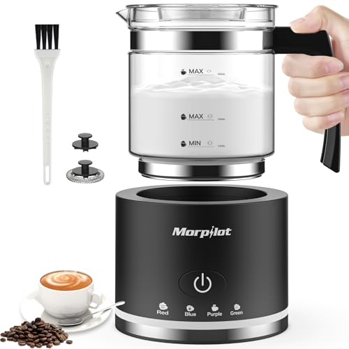 Morpilot Mousseur à Lait Électrique 4 en 1, Grande Capacité 500ml 600W Milk Frother en Verre à Mousse de Lait Chaude Froide et Lait Chaud, Emulsionneur de Lait Divisé pour Cappuccino Macchiato Latte
