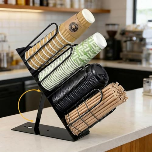 Soporte para tazas y tapas, 4 compartimentos, dispensador de tazas desechable ajustable con pajita, organizador de almacenamiento de vasos para sala de descanso, encimera, estación de café, bar