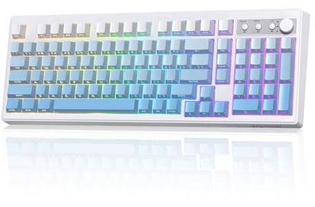 FREEWOLF K100 Clavier Gamer sans Fil à Membrane RGB avec Pavé Numérique, Connexion Bluetooth/2.4G sans Fil/USB-C Filaire, Touches Gravées sur Les Côtés PBT Dégradé, 4000mAh, Knob Multimédia - Bleu