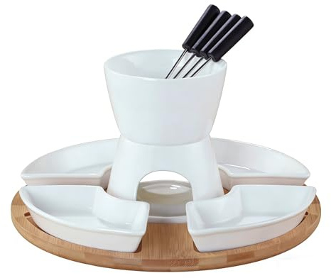 Ceramic Chocolate Cheese hotpot Set, Equipped with 4 Stainless Steel Forks and 4 Half Moon Shaped Plates, Ceramic Butter Heater Set, Non Electric hotpot Set, for Cheese Caramel (White)