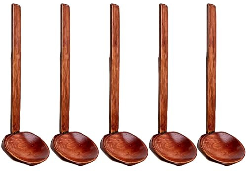 Bamily 5 Pcs Japanese Style Wooden Spoon, Long Handle Ramen Spoon & Soup Spoons 21cm*7cm, Bamboo & Paulownia Wood Hot Pot Ladle for Ramen, Soup, Hot Pot