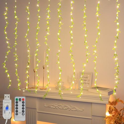 TETSMG Weidenblatt Lichtervorhang Innen 3x1m, 200 LED Frühlingsdeko Lichterkette Vorhang mit Blätter Design, USB & Fernbedienung, Timer Funktion, Efeu Lichterkette Frühling für Zimmer Deko Aesthetic