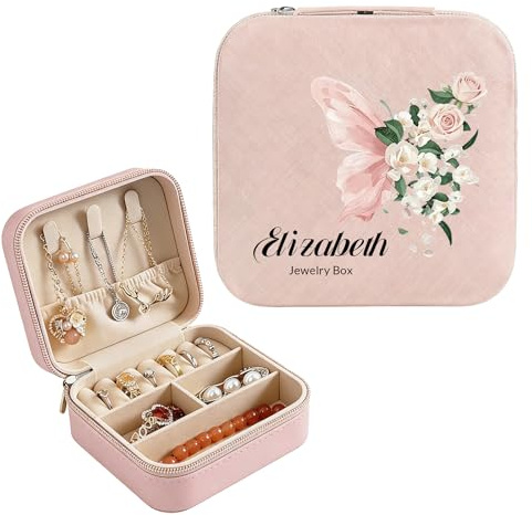 GerGii Personalisierte Schmuckschatulle für Frauen, individueller Schmuck-Organizer mit Namen und Blumendesign, Reise-Schmucketui, Geschenk für Mutter, Brautjungfer, Hochzeitsgeschenk (Rosa)