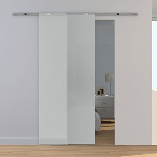 inova Glas-Schiebetür offene Schiene 880x2080mm vollflächig satiniert Zimmertür Innentür Komplettset mit Laufschiene & Glastür, Griffmuschel