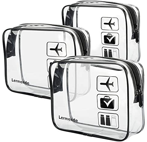 Lermende 2pcs Clear Toiletry Bag TSA Approved Travel Bag,Carry On for Travel,Airport Airline Accessories Compliant Bag,Quart Sized Makeup Cosmetic bag Women Men (Black, 3 Pack)