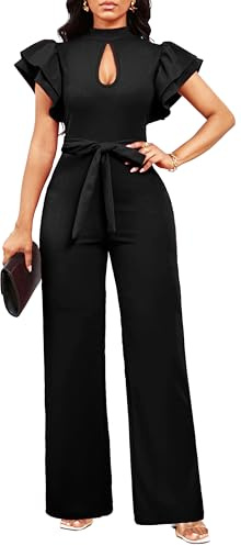 SxClub Elegant Black Jumpsuits for Women Work Dressy Sexy Cocktail Short Sleeve Long Straight Pants Wedding Guest Jumpsuit with Zipper(Large)