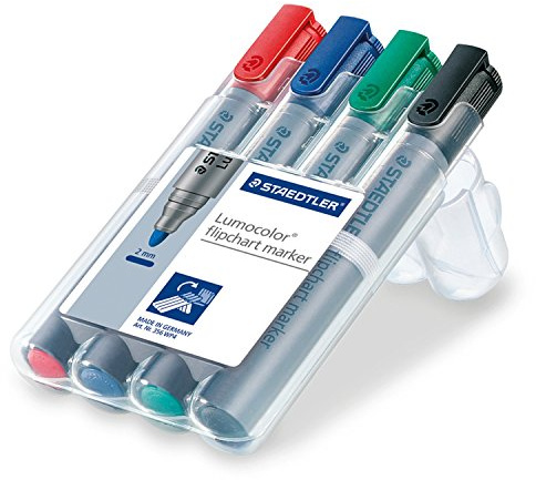 Staedtler 356 WP4 Flipchart-Marker Lumocolor, nachfüllbar, aufstellbare Box mit 4 Farben, Rundspitze (4er Pack)