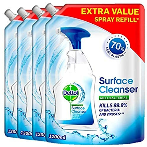 Dettol Antibacterial Surface Cleaner Refill, 4-Pack (1.2L Each), Total 4.8L, Disinfectant Spray & Floor Solution, Household Multipurpose Cleaning, Germ Protection, Eco-Friendly Pouch