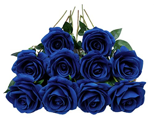 DuHouse 10 Rosas Artificiales de Seda, Flores de Rosas de imitación de Tallos Largos para arreglo, Centro de Mesa de Boda, Fiesta, decoración del hogar y Cocina (Azul Real)