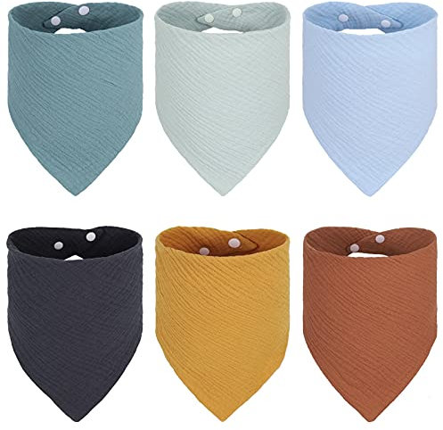 Auidy_6TXD 6 Stück Baby Dreieckstuch Lätzchen,Doppellagig Saugfähige und Weiche Musselin Halstuch Sabberlätzchen mit 2 Verstellbaren Druckknöpfen für Baby