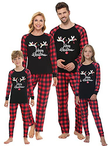MyFav Weihnachten Familie Pyjama Set Lange Ärmel Shirt + Plaid Lange Hosen Nachtwäsche für Vater,Mutter,Kinder(Leuchtender Hirsch,Herren,S)