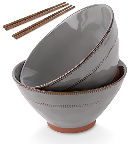 Kook Lot de 2 bols à ramen japonais en terre cuite, passent au micro-ondes, au lave-vaisselle, pour riz, Udon, soba, Pho, 1020,6 g, avec un lot de baguettes en bois, gris carbone
