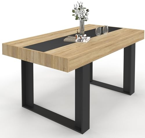 IDMarket - Table à Manger Rectangle Phoenix 6 Personnes Bois et Noir Bande Centrale Noire 160 cm