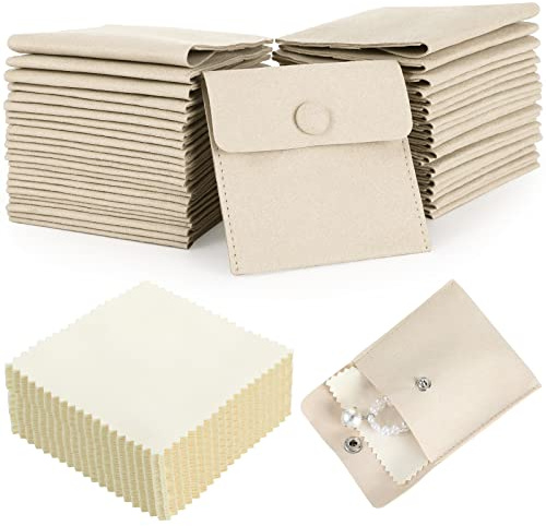 Cunno 120 Pack Microfiber Jewelry Pouch with Cleaning Cloth 3.2x3.2 Jewelry Packaging Bag with Snap Button Bags(Beige)