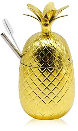 UOIENRT Moscow Mule Becher, 450 ml Kupferbecher mit Ananas-Form & Deckel & Strohhalm Kupferbecher Mule Becher für Cocktail, Kaffee, Milch (Gold)