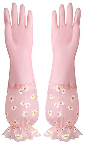 Reusable PVC Kitchen Dishwashing Gloves Household Cleaning Gloves Long Sleeve Kitchen Gloves (Color : Pink)