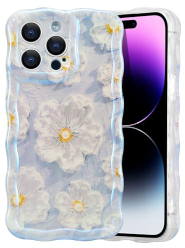 EYZUTAK für iPhone 13 Pro Max Hülle, Bunte Retro Ölgemälde Blumen, Hellblau | Glitzer Flower Muster Handyhülle, Niedliche Lockiges Wellenförmiger Rand, Langlebige TPU Schutzhülle, Für Mädchen Frauen