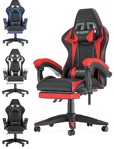 Bigzzia Gaming Stuhl, Ergonomisch Gaming Chair mit Fußstütze, PC-Stuhl Rot | Gaming Sessel mit Lendenkissen+Kopfstütze, 90–135° Rückenlehne, höhenverstellbar, Computerstuhl für Erwachsene und Jungen