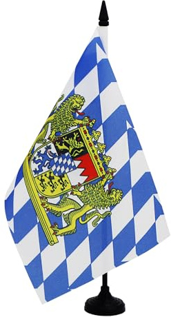 AZ FLAG Drapeau de Table Bavière avec lion 21x14 cm Socle Plastique | Usage intérieur Drapeau de bureau bavarois finition cousue et bords renforcés avec mât en plastique et socle en plastique
