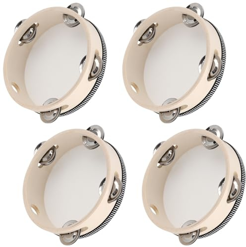 YUENPUN 4 PCS Wooden Tambourine Drum, 6 Inch Hand Held Wooden Drum with Jingle Bells, Tambourine Musical Instruments for Practice, Perform