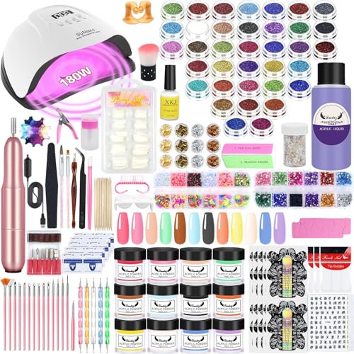 Milai Acryl Nagelset,Acrylic Nail Set mit 180W UV Nail Lamp&Nagelfräser,60ML Flüssigkeit,Acryl Pulver Nails Set-12 Colours powder,Nagelbürsten Nageldesign Nail Art für DIY Nail Art Dekoration