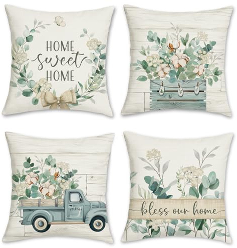 Bonhause 4er Set Kissenbezüge Eukalyptus Blätter Grün 45 x 45 cm Blau LKW Home Sweet Home Polyester Leinen Dekorative Kissenhülle Zierkissenbezüge für Garten Outdoor Dekoration