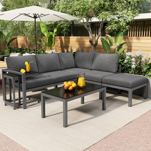 Kayan Gartenlounge-Set wetterfest Lounge Set, Gartenmöbel Set für 4–5 Personen, Garten Ecksofa mit Kissen und Couchtisch, Aluminium Beistelltisch, Sitzgruppe für Garten Balkon und Terrasse, Grau