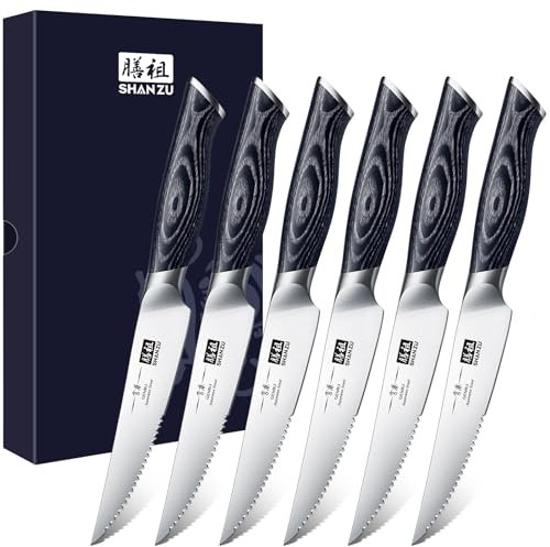 SHAN ZU Coltelli da bistecca Set di 6, Coltelli da Bistecca Seghettati Ultra Affilata con Ergonomica K133 Impugnatura - Genbu Serie