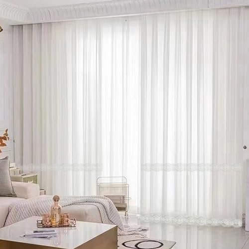 Beydodo Gardinen für Schienensystem 96x115CM, Vorhänge Weiß 2er Set Haken Spitze mit Blumen Französisch Gardinenschals Polyester Halbtransparent für Wohnzimmer Schlafzimmer Küche