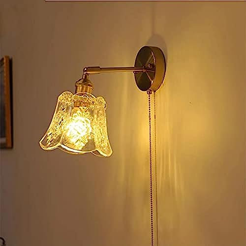 Vintage Bronze Wall Sconce Brass Small Wall Light with Pull Cord Switch - Headboard Lamp Pressed Patterned Glass Retro Reading Lighting Fixture for Bedroom, Bathroom, Doorway, Foyer, Hallway Light