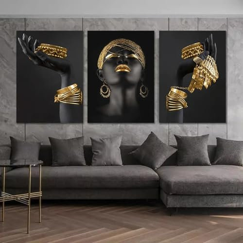 NXMYDBD Afrikanische Frau, Wandkunst, Malerei, Poster und Druck, große schwarze Frau mit Goldschmuck, Leinwandbild, Wohnzimmer, Heimdekoration, 50 x 70 cm (20 x 28 Zoll) x3, ungerahmt