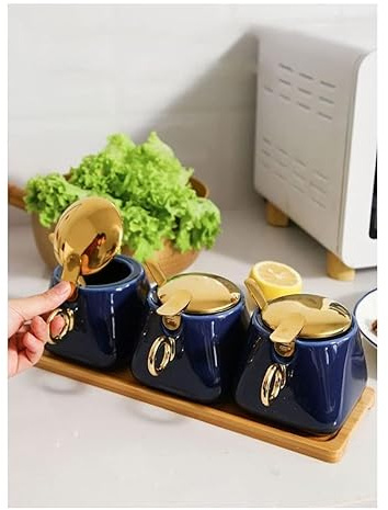 Set Zuccheriera Utensili da Cucina Set Di Contenitori Per Condimenti In Ceramica, Scatola Per Spezie Con Coperchio A Cucchiaio E Vassoio Per Condimenti, Ciotola Per Condimenti, Per Cucina, Ristorante