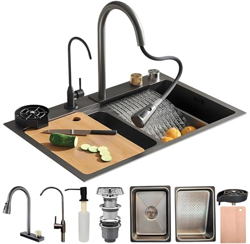 KOOGIMDDR Lavandino Cucina 85x45cm, Lavello da cascata nero, Lavello Cucina 1 Vasca in Acciaio Inox con Rubinetto Estraibile, lavello da cucina multifunzione, con Dispenser di Sapone