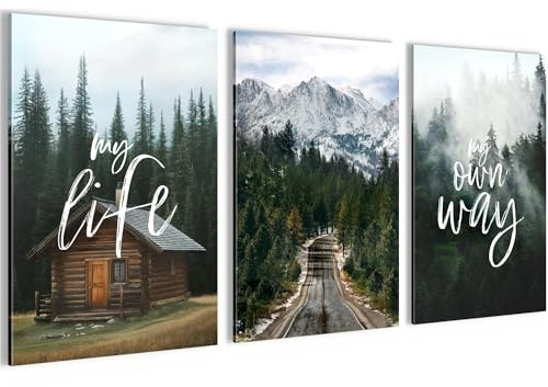 Novart Bilder Set Natur Berge - Kein Extra Rahmen benötigt - Wandbilder für Wohnzimmer Schlafzimmer Flur - 3 Teilig Deko See Landschaft - N028336b