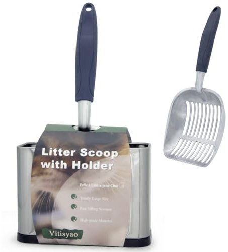Vitisyao Multicat Metal Cat Litter Scoop with Holder, Stainless Steel Cat Litter Scooper Holder Trash Container, Aluminium Cat Scoop Captures All Clumps, Heavy-Duty Kitty Metal Scooper