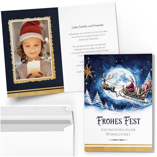 10 Personalisierte Weihnachtskarten mit Ihrem Text und Foto - Mond Weihnachtsmann - individueller Weihnachtsgruß Grußkarte Weihnachten Klappkarten mit Umschlägen