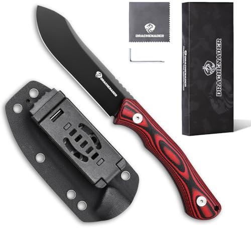 DRACHENADER Gürtelmesser RED-ROCK, Full Tang Outdoor Survival Messer mit 10, 3 cm Klingenlänge, D2 Stahl Kydex Scheide, Klinge Schwarz + G10 Griff Rot