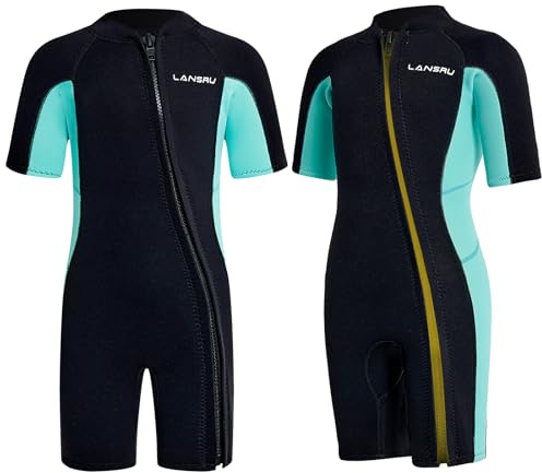 Lansru Muta in neoprene per bambini – 2,5 mm SCR, tuta corta sicura con protezione UV, cerniera anteriore obliqua, mantiene gli adolescenti caldi in acqua fredda