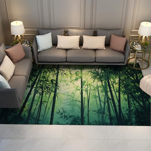 HOBBOY Chinesischer Stil Großer Teppich Grün Bambus Wald Bereich Teppiche Pflanze Blätter Outdoor Teppich für Wohnzimmer Badezimmer Dünne Willkommensmatten 120 x 180 cm