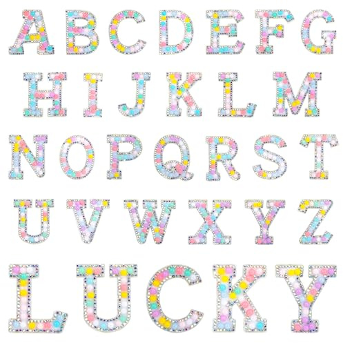 Flicken zum Aufbügeln, 26 Stück Patches zum Aufbügeln Buchstaben Alphabet A Bis Z Bügelflicken mit Perle und Glitzer Strass Iron On Patches Letters für DIY T-Shirt Jeans Kleidung Taschen Mehrfarbig