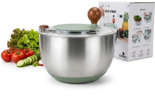 Hochwertige Edelstahl-Salatschleuder – 500 g Volumen/5 L – manuell mit Kurbelantrieb, rutschfestem Deckel & Wasserauslass – spülmaschinengeeignet – perfekt für frische Salate & Gemüse.