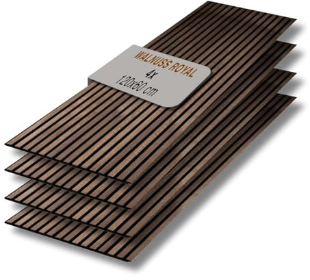 4er Set Akustikpaneele Holz 120x60 cm – extra dick 2,1 cm I Holzpaneele mit Echtholz-Furnier für akustische Schallabsorption & optimale Raumakustik I Wandpaneele Holz in Walnuss Royal